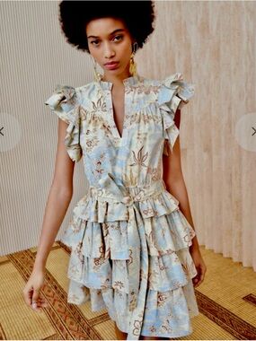 Ulla Johnson Sky Blue & Cream Floral Ruffle Tiered Mini Dress